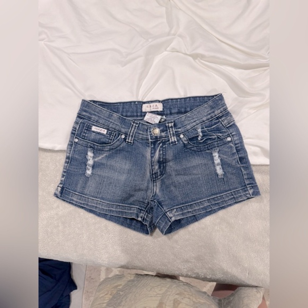 Blue Distressed Jean Shorts with Cut-Off Hem